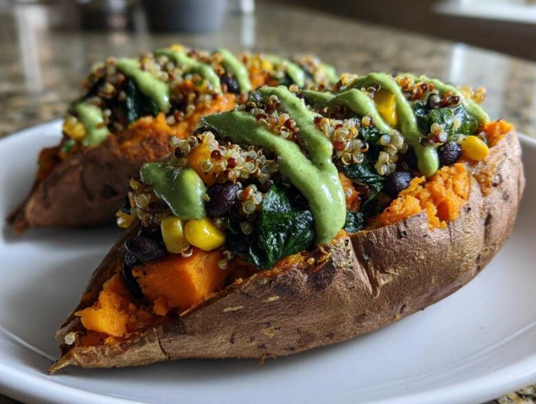 Close-up of two Loaded Veggie Stuffed Sweet Potatoes topped with quinoa, black beans, corn, and a bright green sauce.