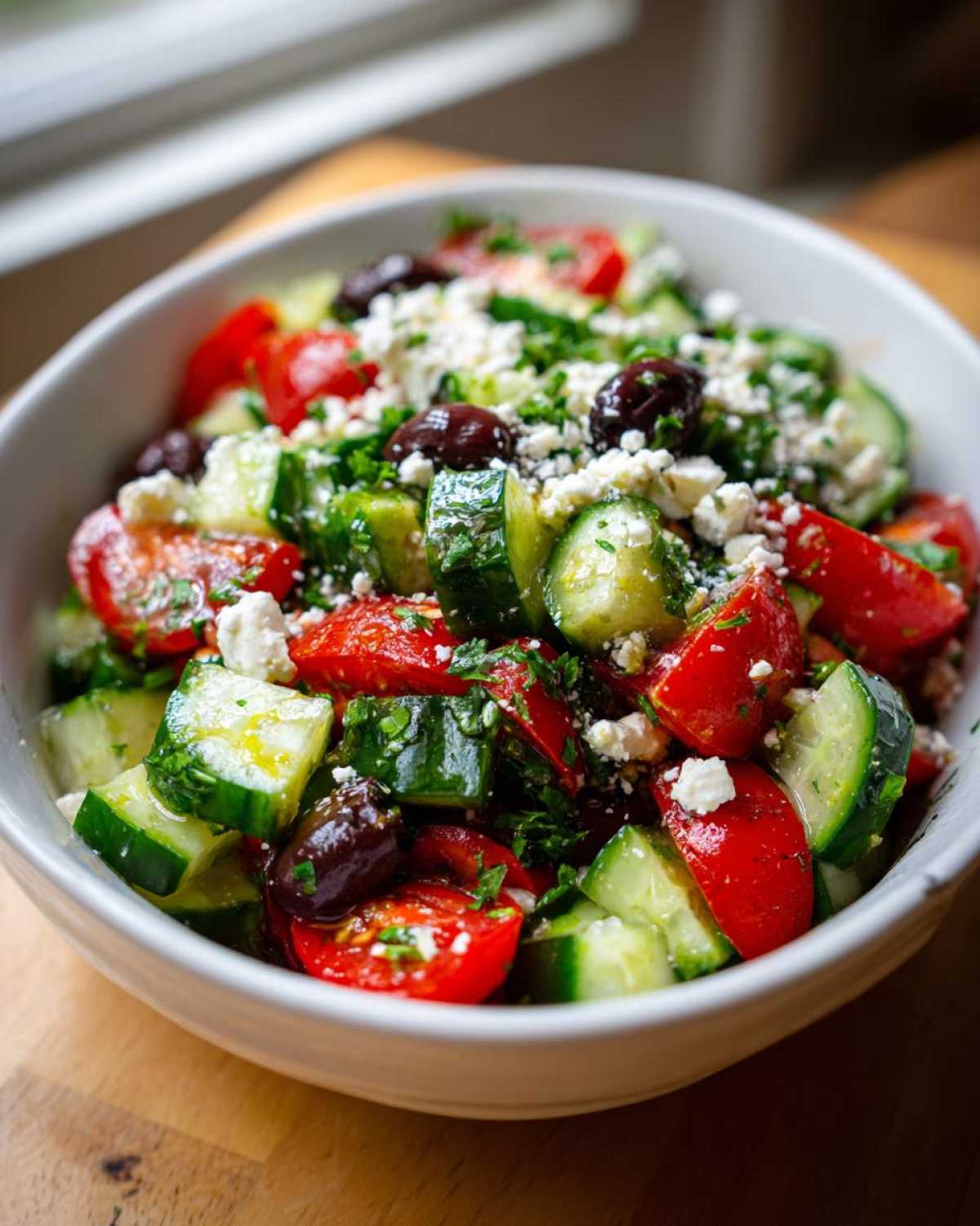 Close-up of a vibrant Mediterranean Cucumber Tomato Salad with feta, olives, and parsley in a white bowl.