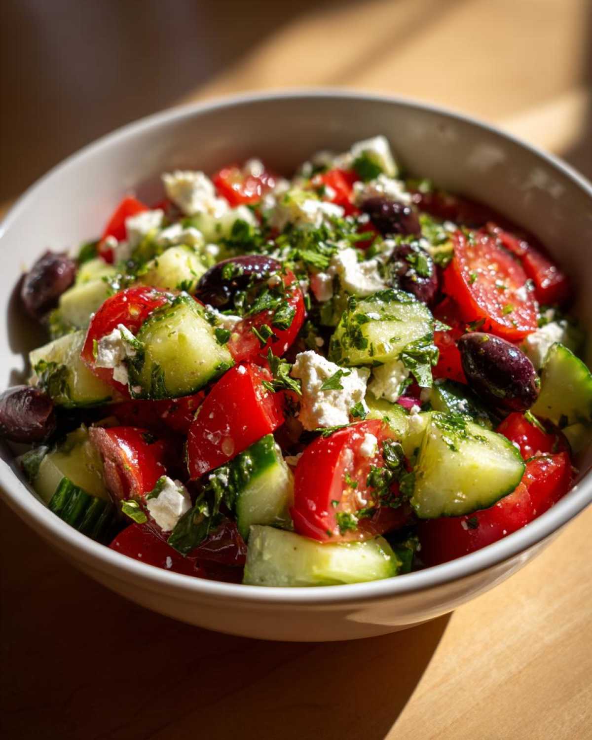 Close-up of a vibrant Mediterranean Cucumber Tomato Salad with feta cheese, olives, and herbs.