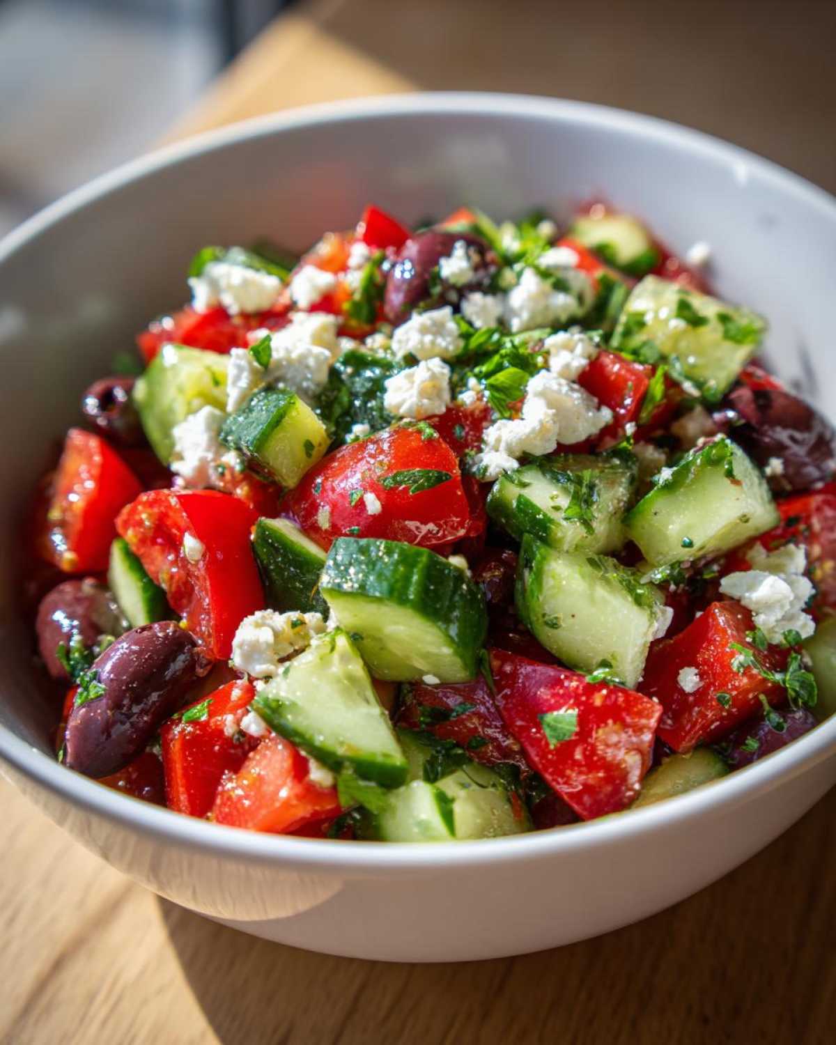 Close-up of a vibrant Mediterranean Cucumber Tomato Salad with feta cheese, olives, and herbs.