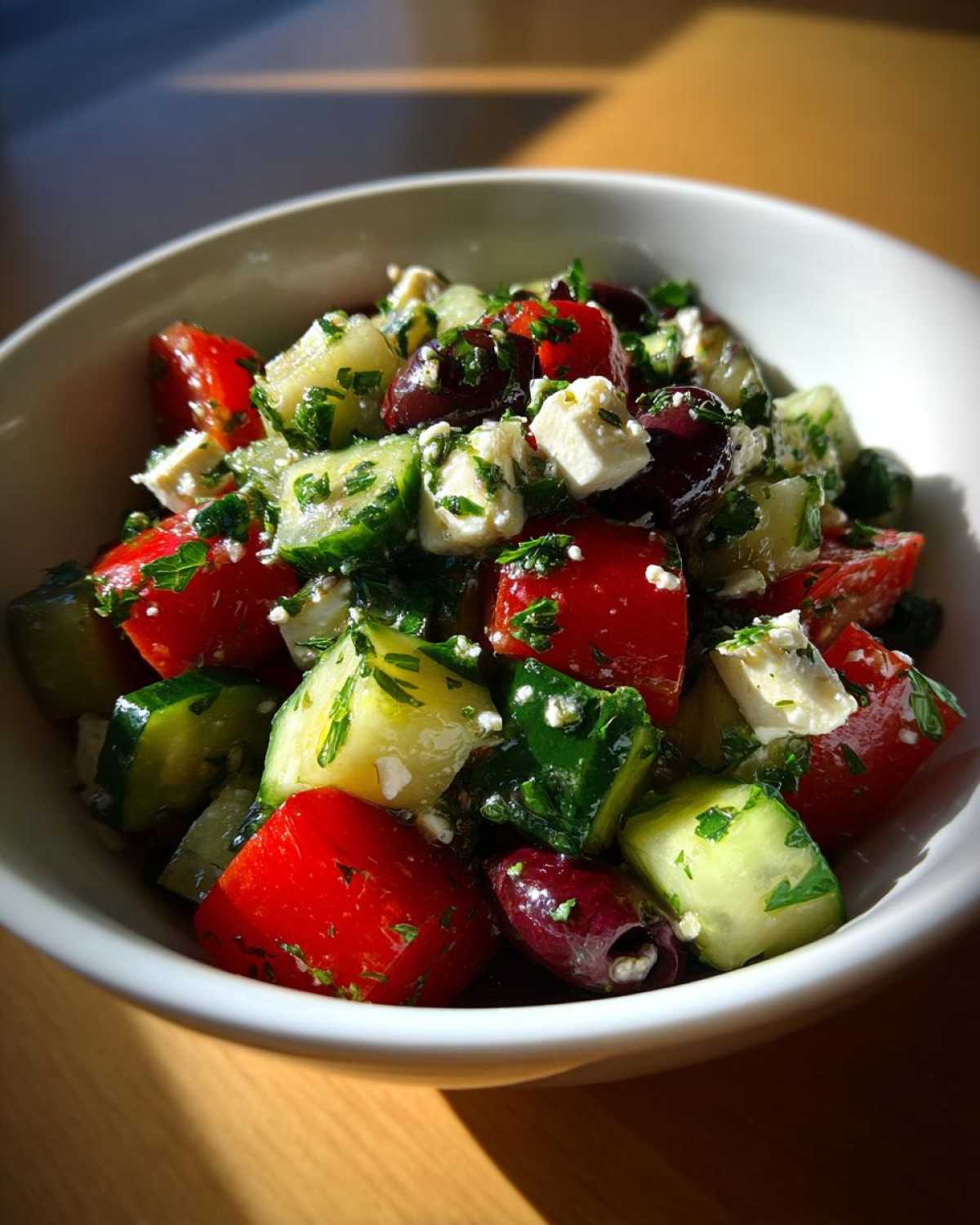 Close-up of a fresh Mediterranean Cucumber Tomato Salad with feta, olives, and herbs in a white bowl.