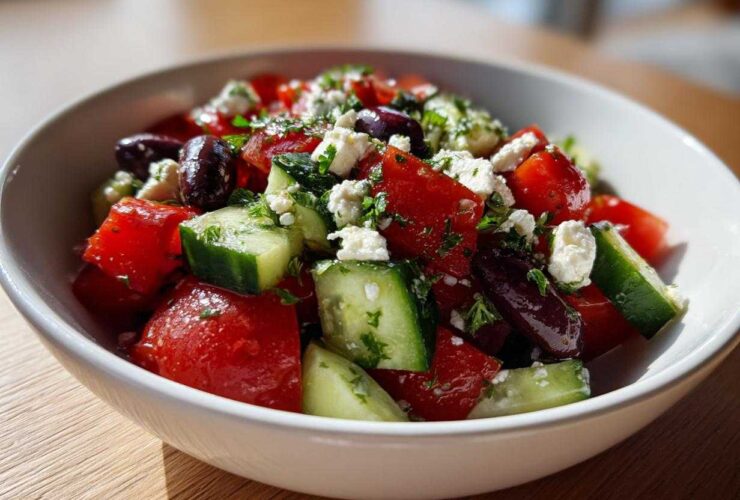 Close-up of vibrant Mediterranean Cucumber Tomato Salad with feta cheese, olives, and herbs in a white bowl.