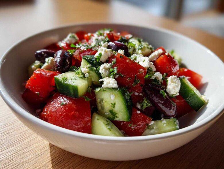 Close-up of vibrant Mediterranean Cucumber Tomato Salad with feta cheese, olives, and herbs in a white bowl.