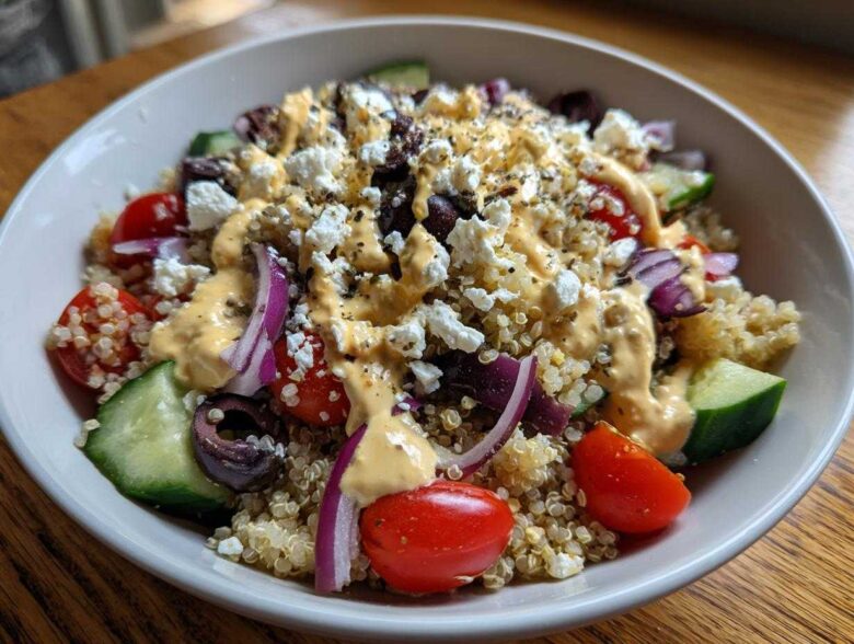 Close-up of a vibrant Mediterranean Quinoa Bowl topped with feta, olives, tomatoes, cucumber, and lemon tahini sauce.