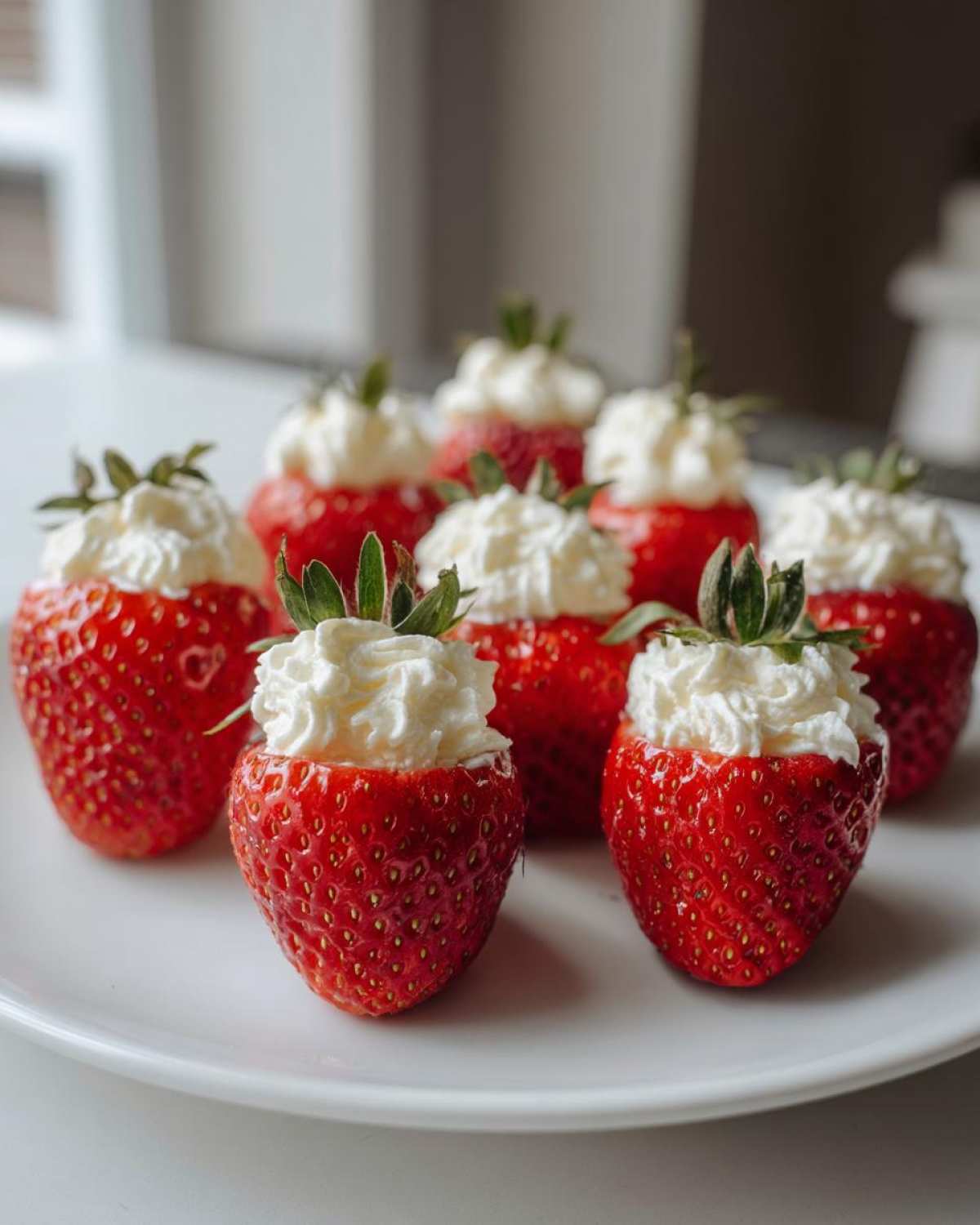 Close-up of several No-Bake Cheesecake Stuffed Strawberries arranged on a white plate.