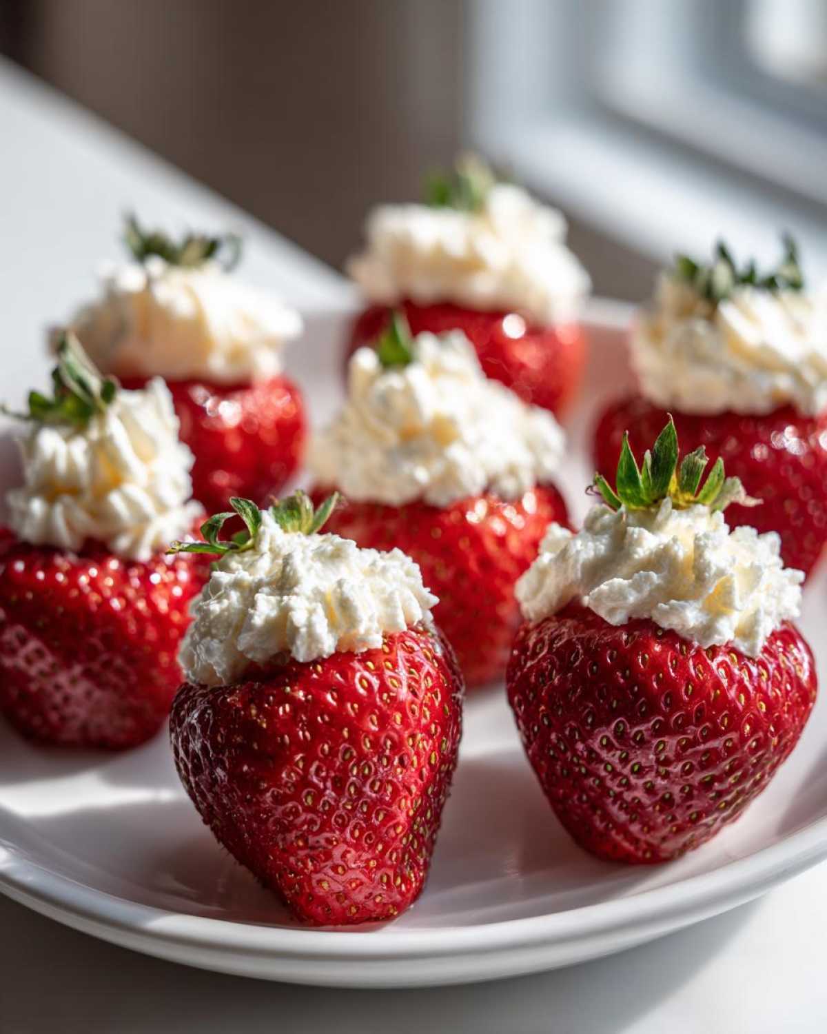 Several bright red No-Bake Cheesecake Stuffed Strawberries topped with piped cream cheese filling and green leaves.