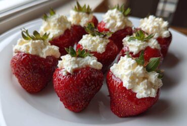 A plate of fresh, bright red No-Bake Cheesecake Stuffed Strawberries topped with creamy white filling.
