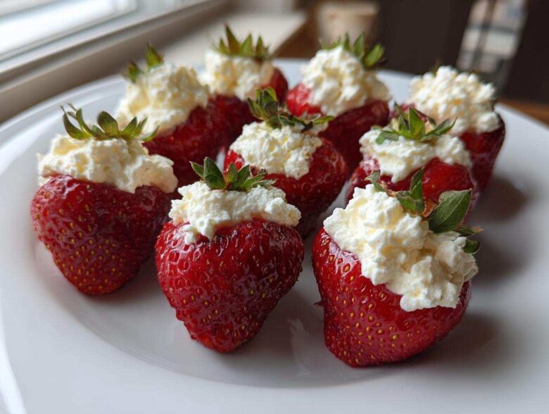 A plate of fresh, bright red No-Bake Cheesecake Stuffed Strawberries topped with creamy white filling.