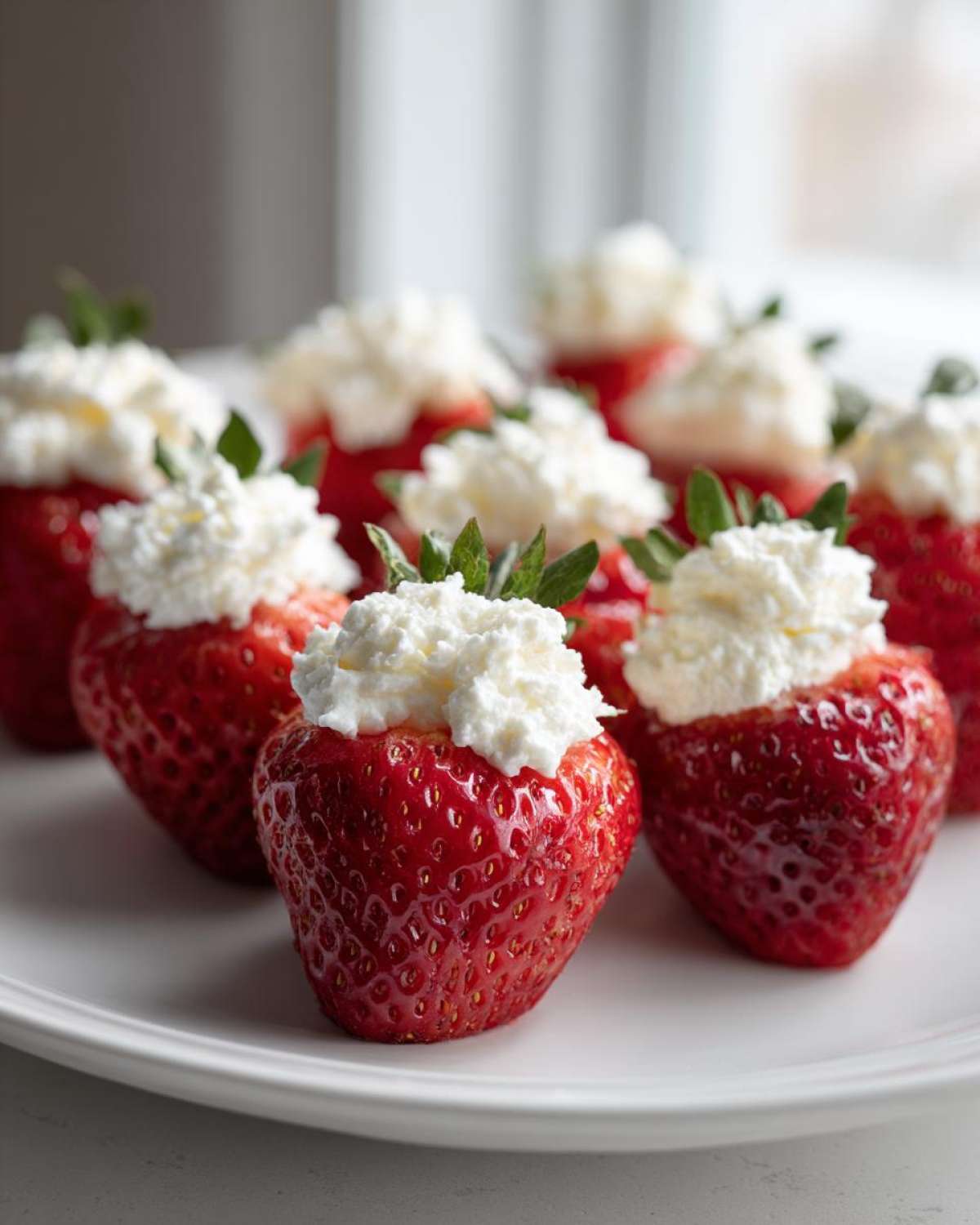 Close-up of fresh strawberries filled with creamy white no-bake cheesecake stuffing.