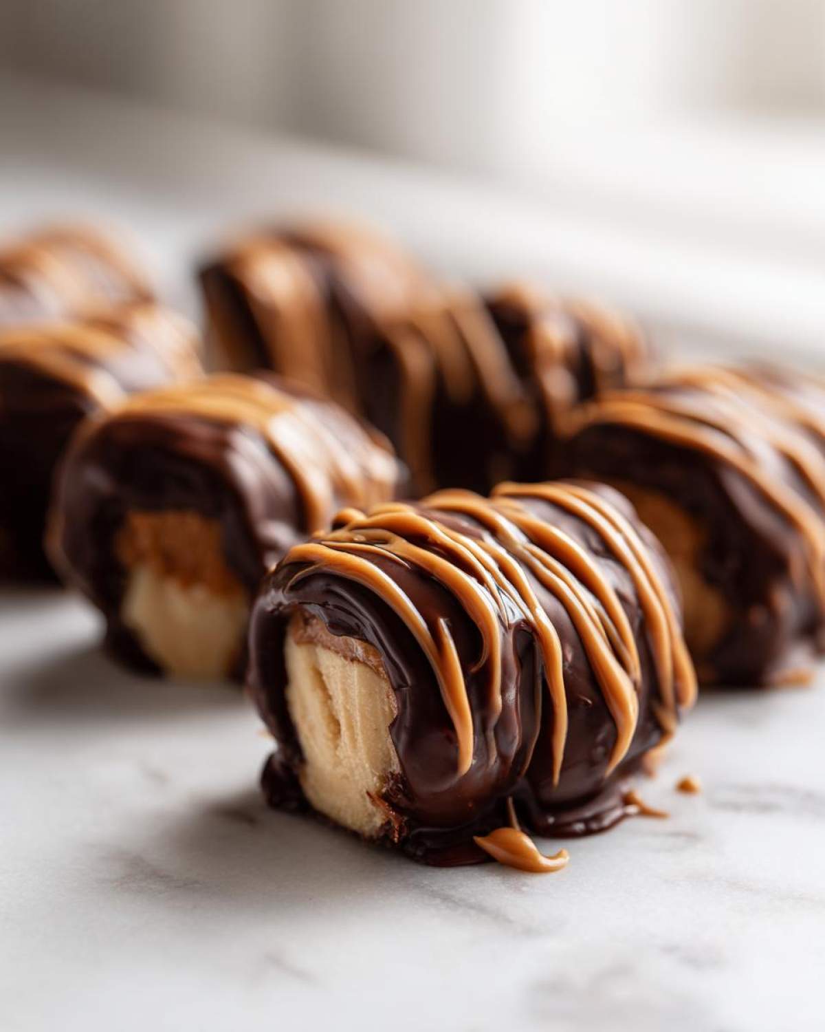 A close-up of one No-Bake Chocolate Covered Banana Bites, dipped in dark chocolate and drizzled with peanut butter.