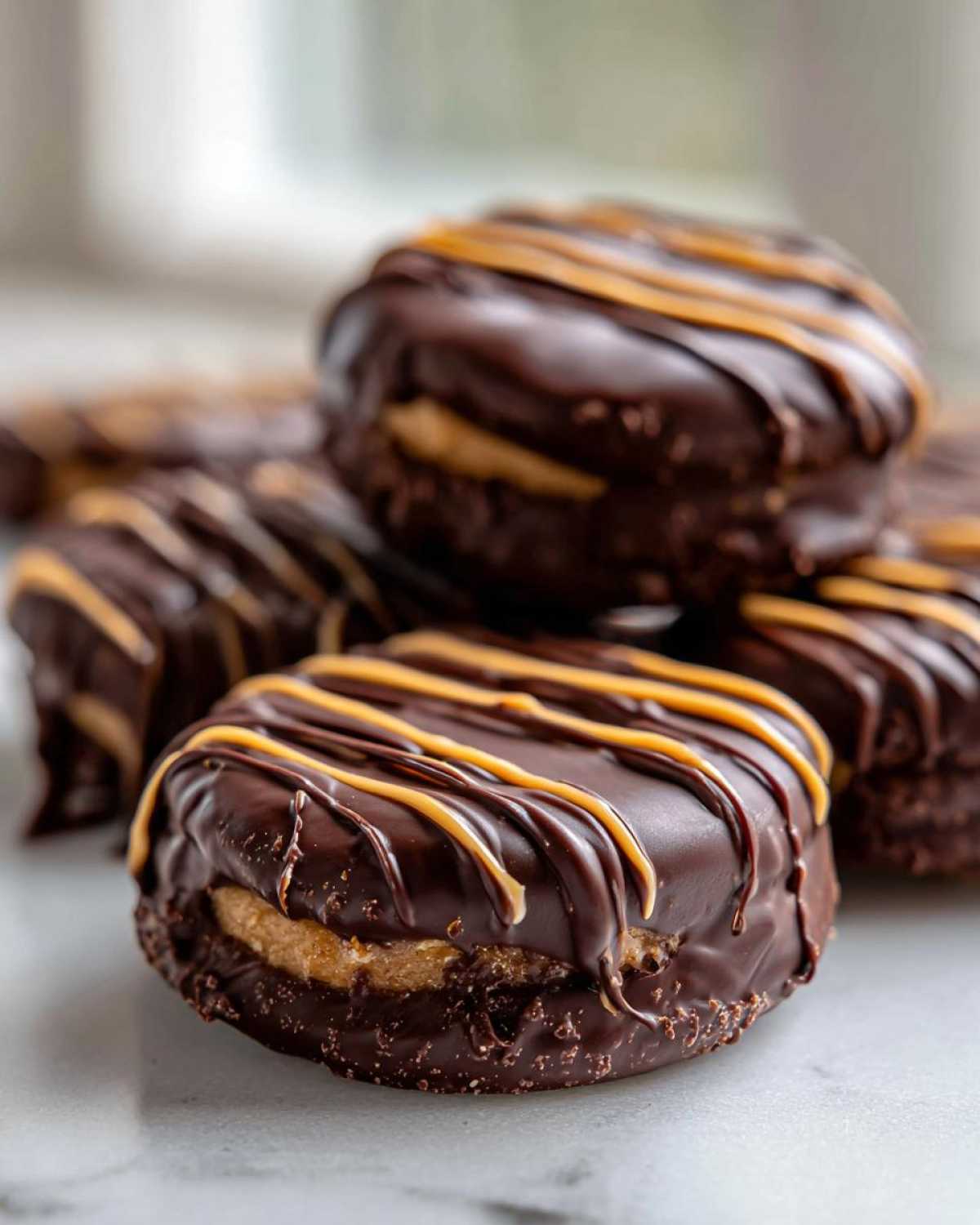 Close-up of rich No-Bake Chocolate Covered Banana Bites drizzled with peanut butter.