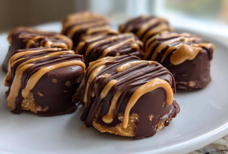 Close-up of several No-Bake Chocolate Covered Banana Bites drizzled with peanut butter on a white plate.