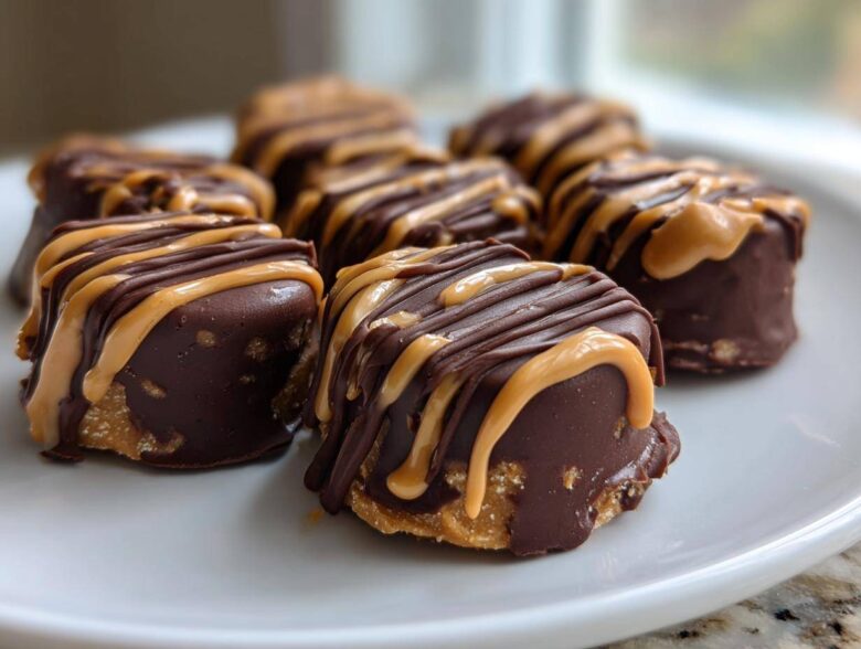 Close-up of several No-Bake Chocolate Covered Banana Bites drizzled with peanut butter on a white plate.