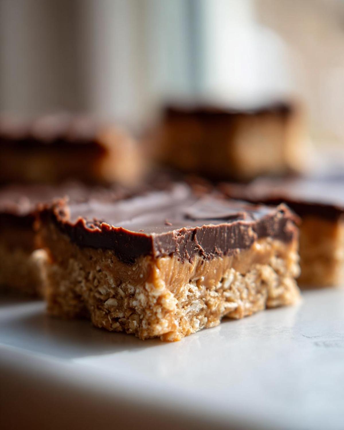 A close-up cross-section of No-Bake Chocolate Peanut Butter Oat Bars showing the oat base, peanut butter layer, and chocolate topping.