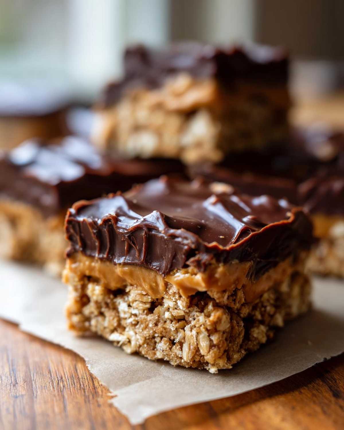 A close-up of a layered No-Bake Chocolate Peanut Butter Oat Bars showing the oat base, peanut butter layer, and chocolate topping.