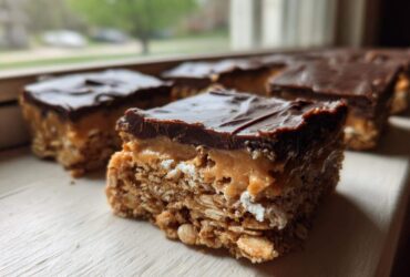 A close-up of a layered No-Bake Chocolate Peanut Butter Oat Bars showing the oat base, peanut butter layer, and chocolate topping.