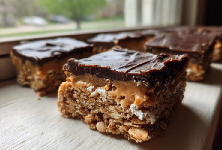 A close-up of a layered No-Bake Chocolate Peanut Butter Oat Bars showing the oat base, peanut butter layer, and chocolate topping.