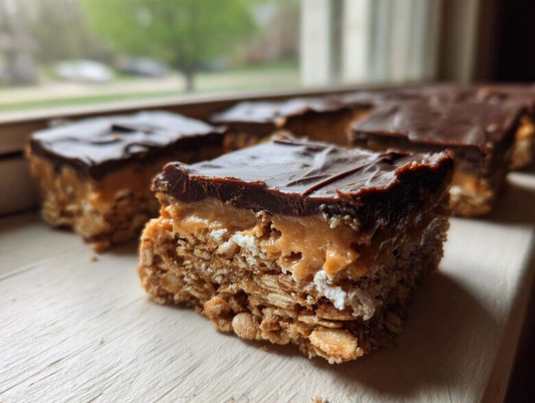 A close-up of a layered No-Bake Chocolate Peanut Butter Oat Bars showing the oat base, peanut butter layer, and chocolate topping.