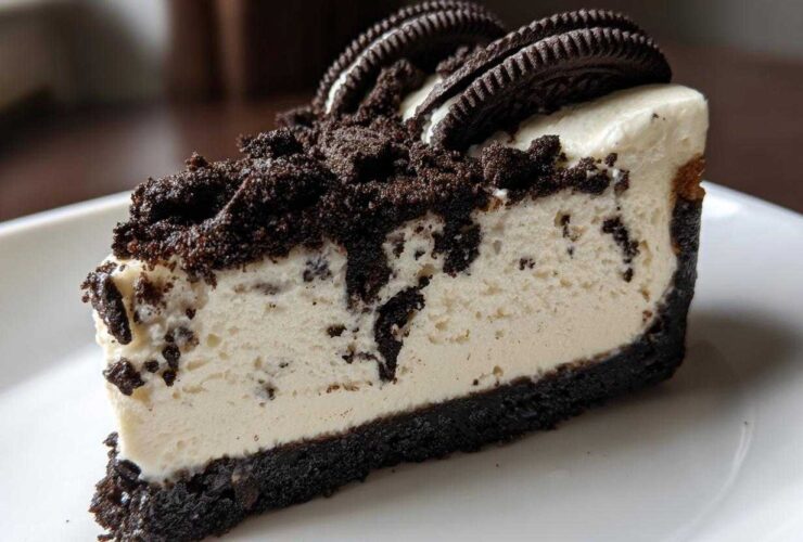 A perfect slice of No-Bake Oreo Cheesecake showing a thick Oreo crust, creamy filling, and chocolate cookie crumble topping.