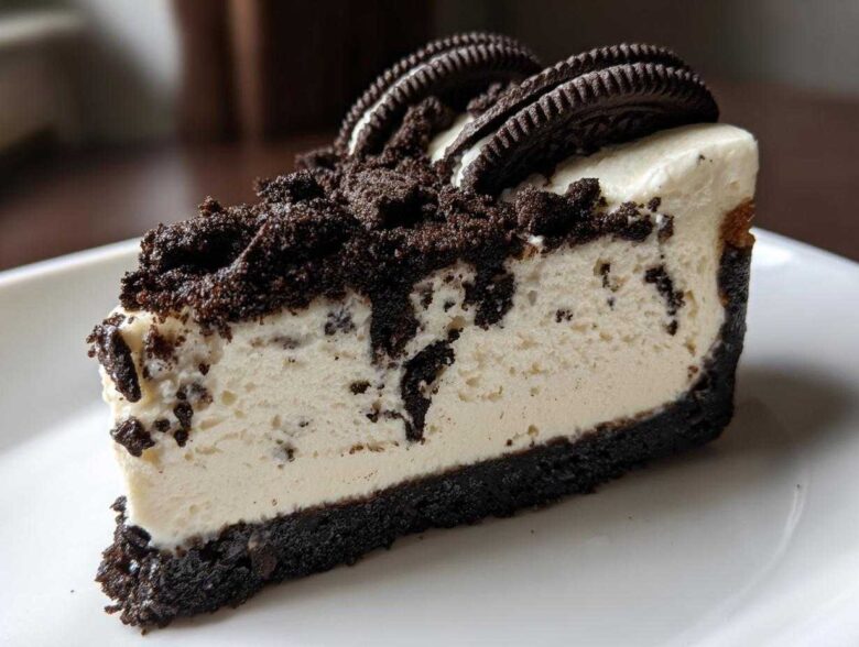 A perfect slice of No-Bake Oreo Cheesecake showing a thick Oreo crust, creamy filling, and chocolate cookie crumble topping.