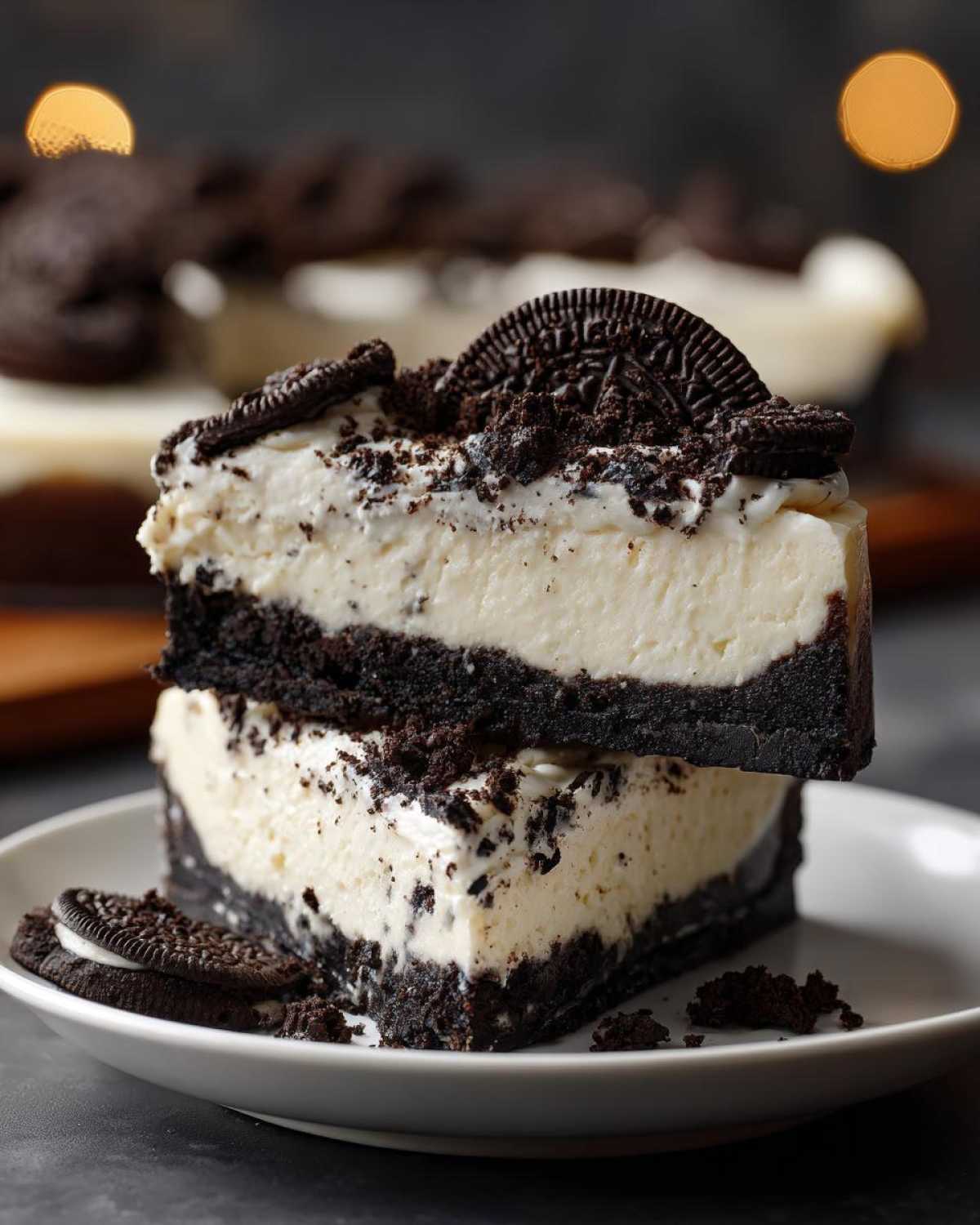Two stacked slices of creamy No-Bake Oreo Cheesecake with a thick dark crust and Oreo topping.