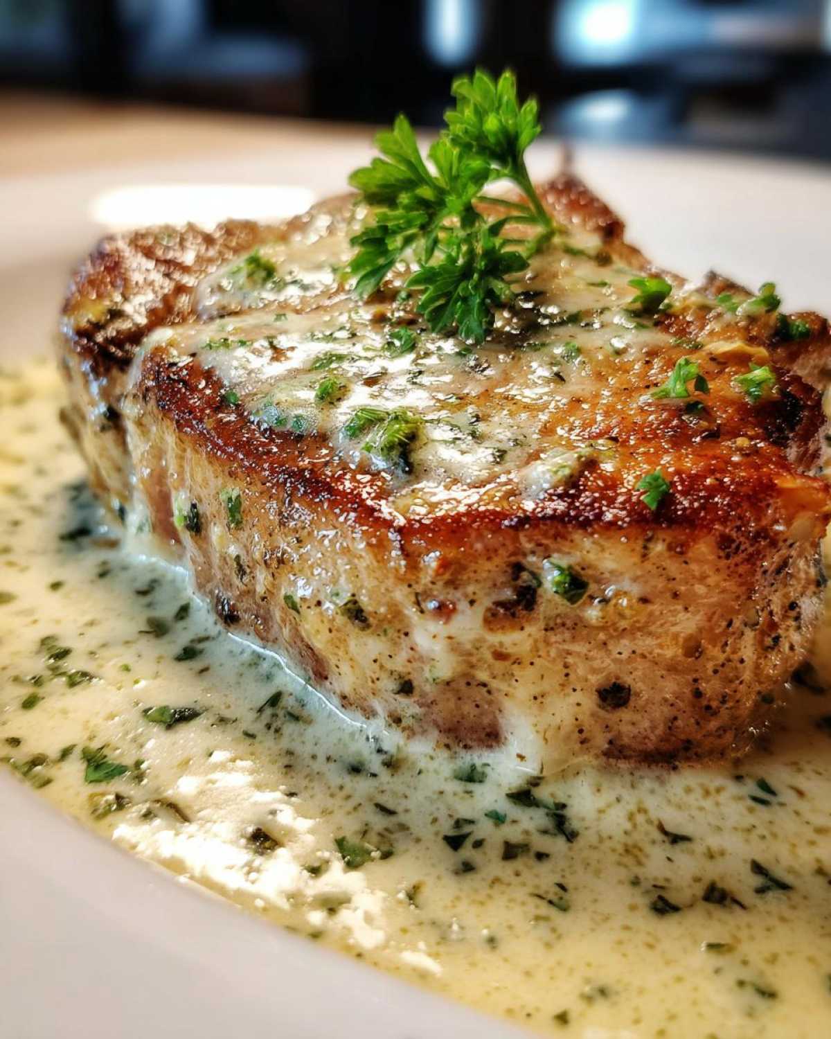 Close-up of a perfectly seared One-Pan Creamy Garlic Pork Chop smothered in rich garlic cream sauce and topped with fresh parsley.