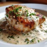 A perfectly seared pork chop smothered in creamy garlic sauce and topped with fresh parsley.