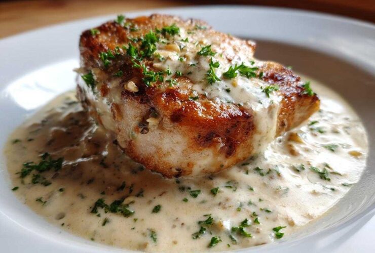A perfectly seared pork chop smothered in creamy garlic sauce and topped with fresh parsley.