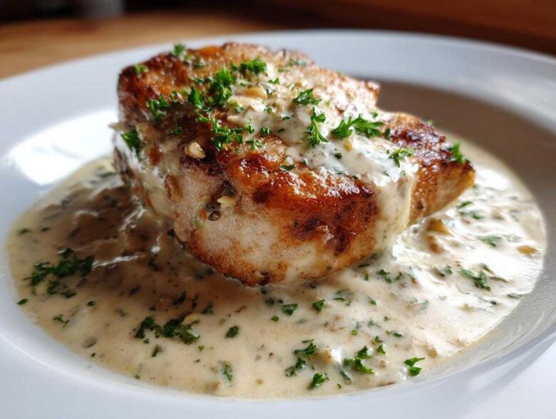 A perfectly seared pork chop smothered in creamy garlic sauce and topped with fresh parsley.
