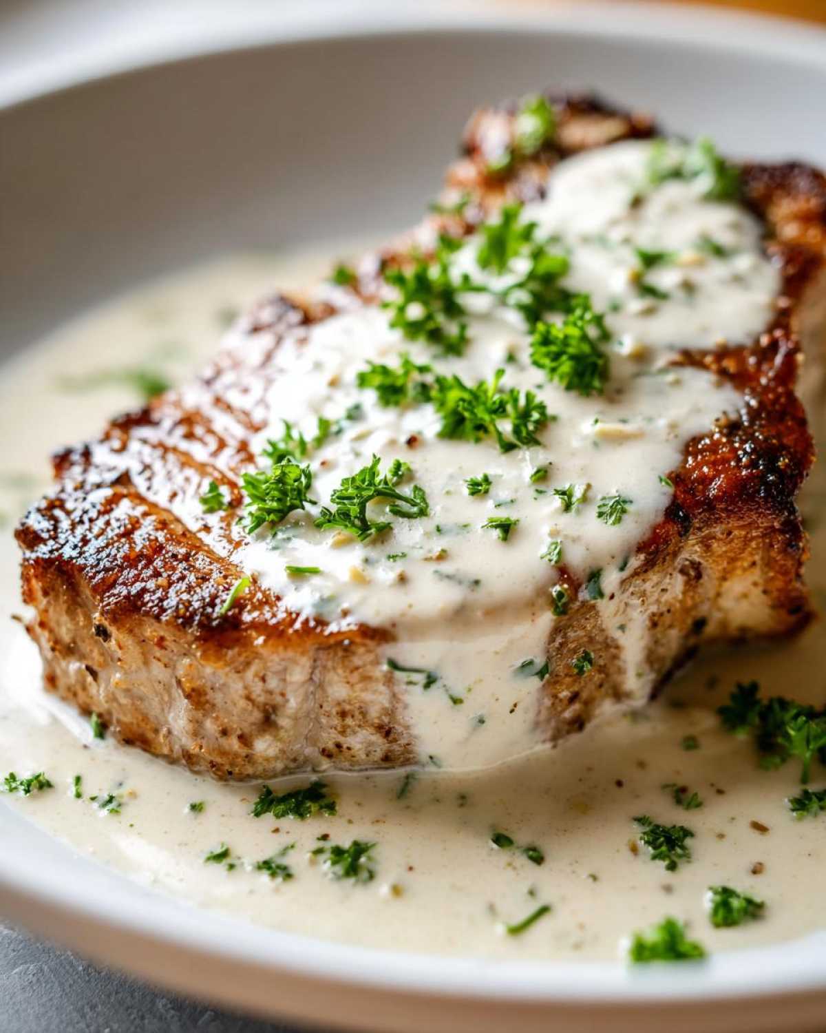 Close-up of a seared pork chop smothered in creamy garlic sauce and topped with fresh parsley.