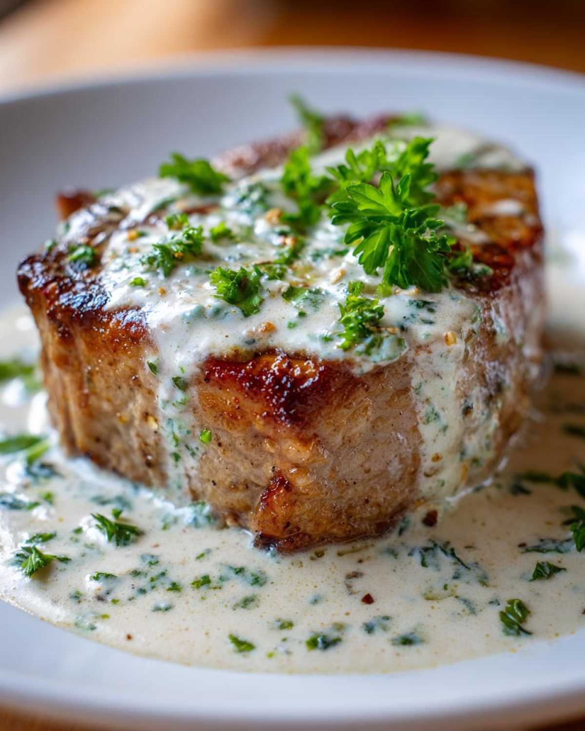 Close-up of a thick, seared pork chop covered in creamy garlic sauce and fresh parsley, part of the One-Pan Creamy Garlic Pork Chops recipe.