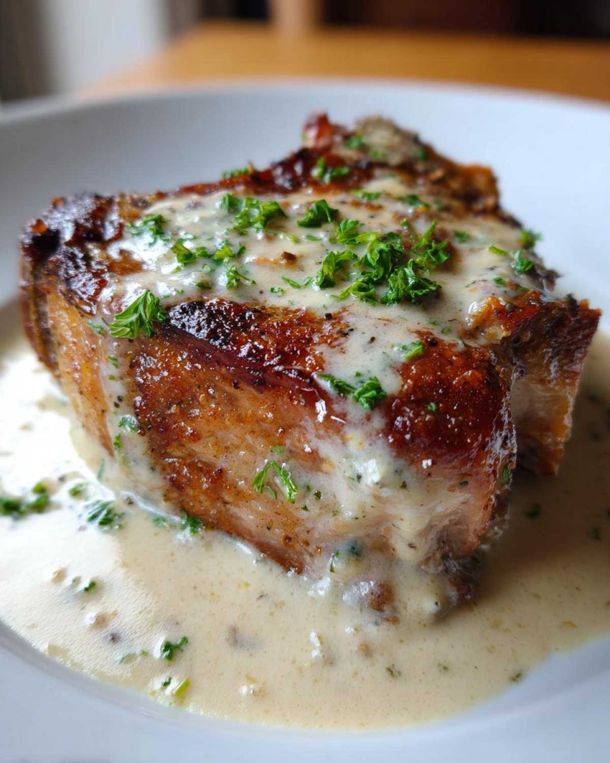 Close-up of a seared pork chop covered in creamy garlic sauce and fresh parsley, part of the One-Pan Creamy Garlic Pork Chops recipe.