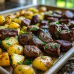 Close-up of juicy, browned One-Pan Garlic Butter Steak Bites and Potatoes seasoned with parsley on a baking sheet.