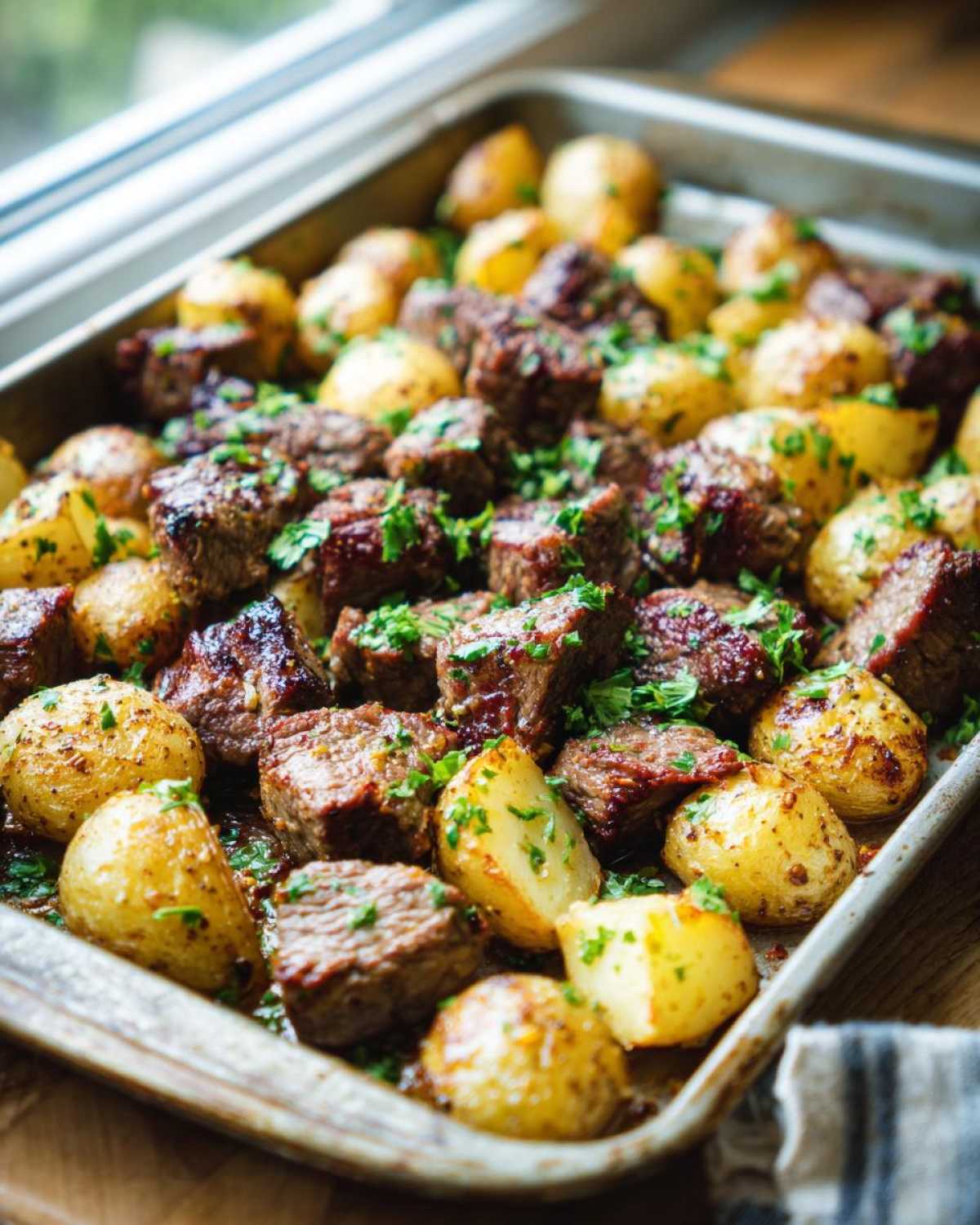 Close-up of One-Pan Garlic Butter Steak Bites and Potatoes, roasted on a sheet pan and garnished with parsley.