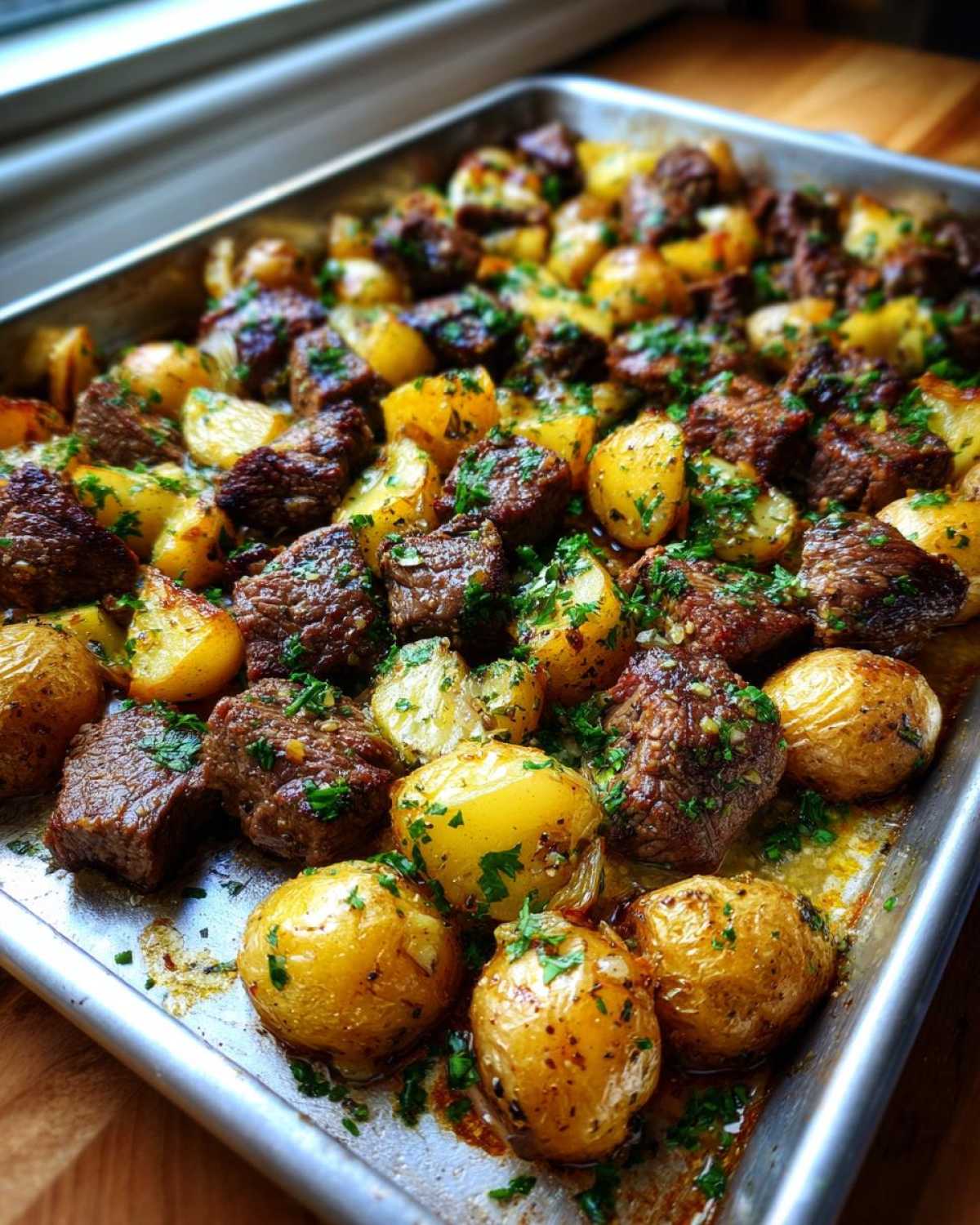 Close-up of One-Pan Garlic Butter Steak Bites and Potatoes glistening with butter sauce and topped with parsley.