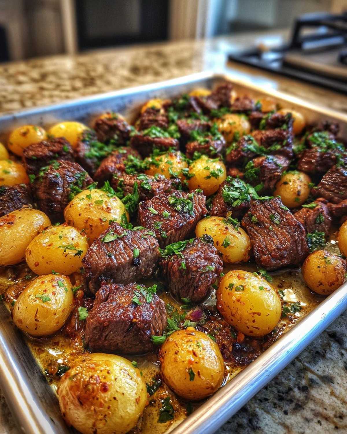 Close-up of One-Pan Garlic Butter Steak Bites and Potatoes glistening with butter sauce and topped with parsley.