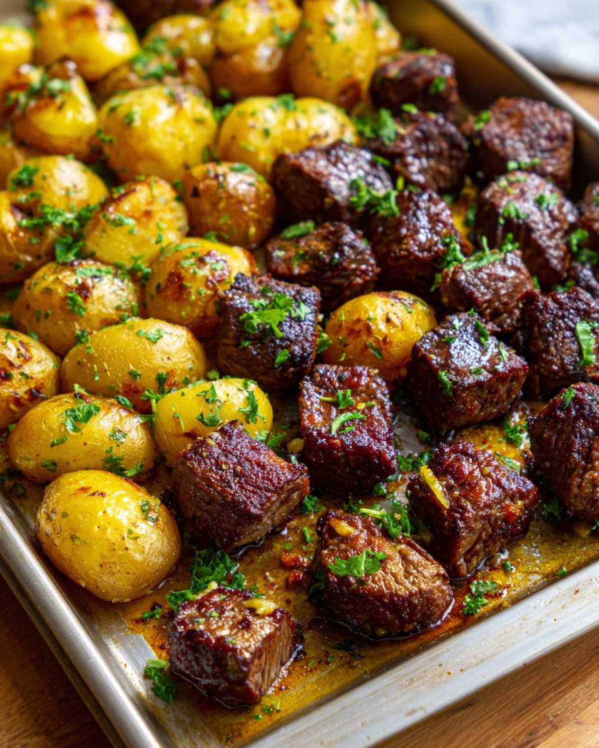 Close-up of One-Pan Garlic Butter Steak Bites and Potatoes glistening with butter sauce on a sheet pan.