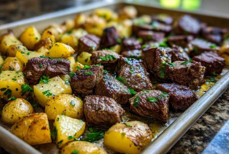 Close-up of juicy, browned One-Pan Garlic Butter Steak Bites and Potatoes seasoned with parsley on a baking sheet.