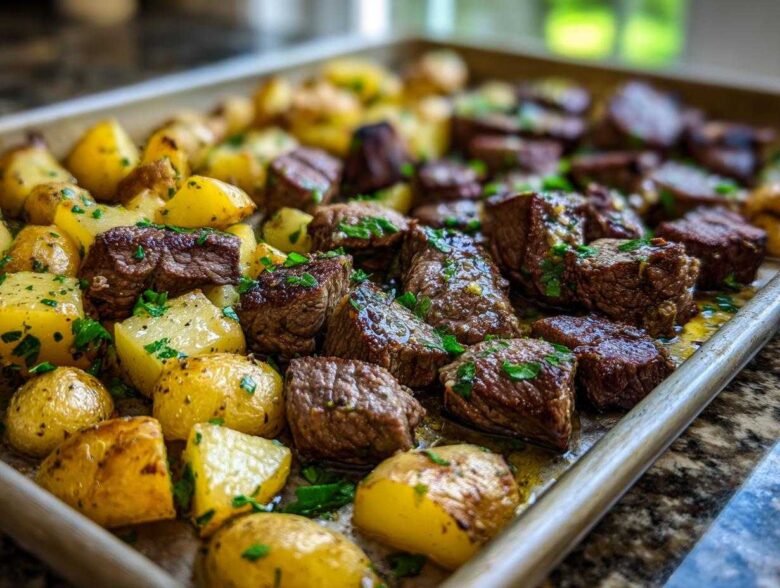 Close-up of juicy, browned One-Pan Garlic Butter Steak Bites and Potatoes seasoned with parsley on a baking sheet.
