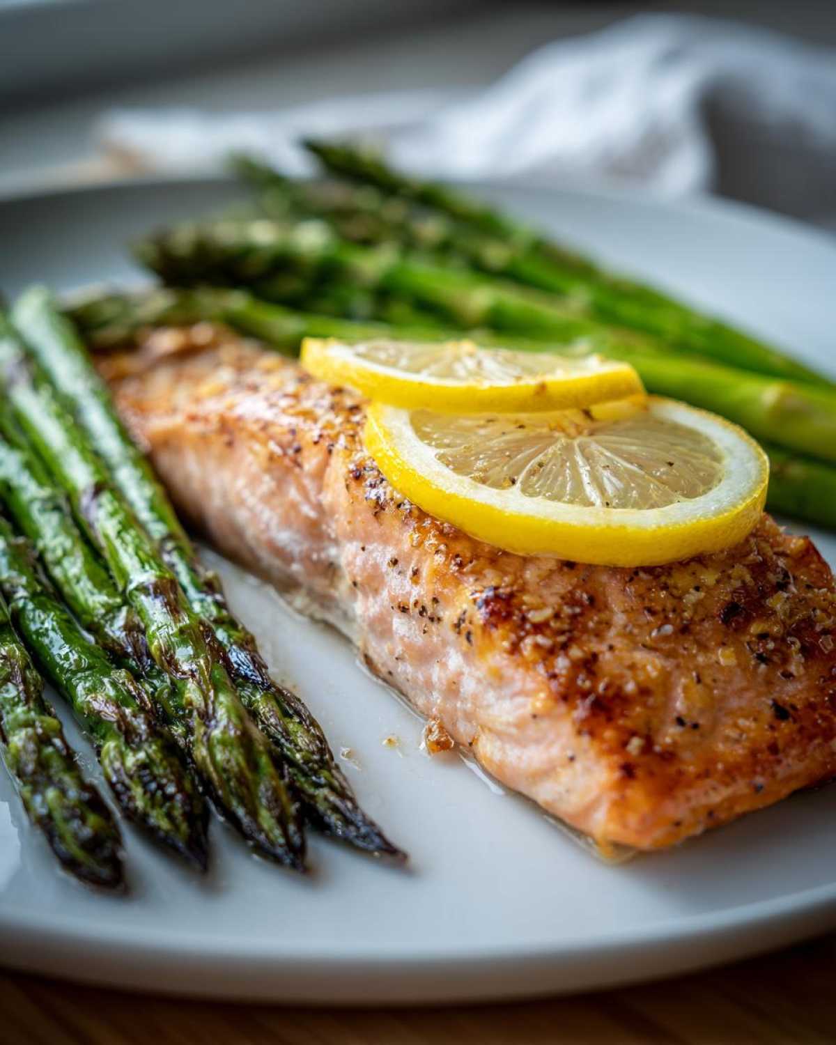 Close-up of a perfectly cooked fillet of One-Pan Lemon Garlic Salmon with roasted asparagus spears and lemon slices.