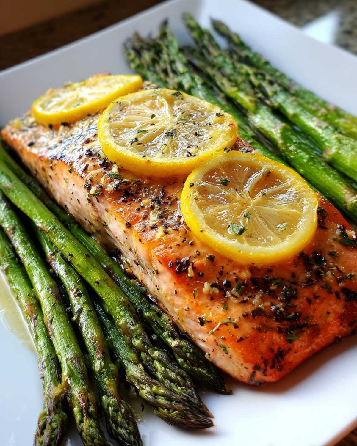 Close-up of a perfectly cooked One-Pan Lemon Garlic Salmon with Asparagus topped with lemon slices.