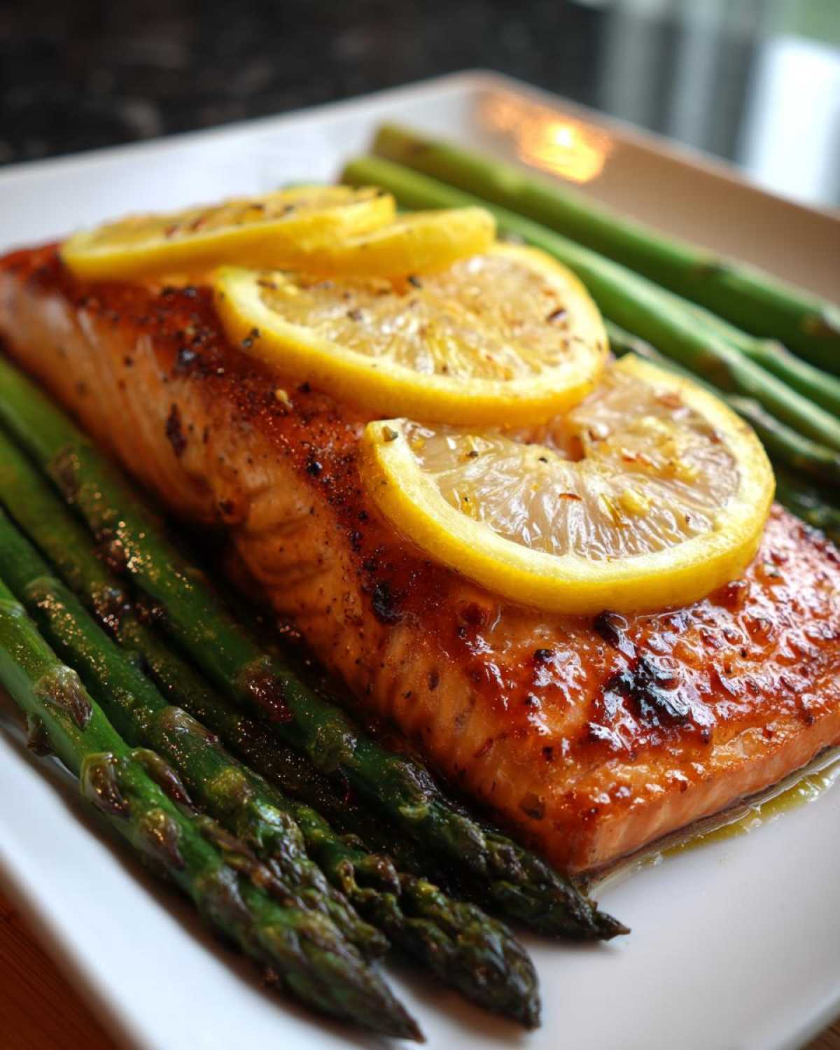 Close-up of a perfectly cooked One-Pan Lemon Garlic Salmon with Asparagus topped with lemon slices.