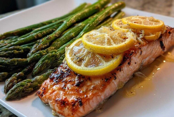 Close-up of a perfectly cooked One-Pan Lemon Garlic Salmon with asparagus spears, topped with lemon slices.