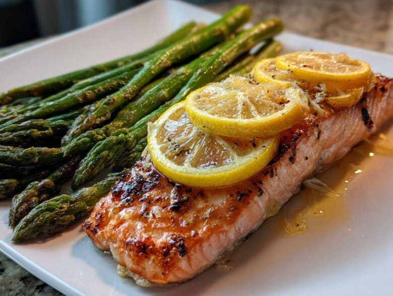Close-up of a perfectly cooked One-Pan Lemon Garlic Salmon with asparagus spears, topped with lemon slices.
