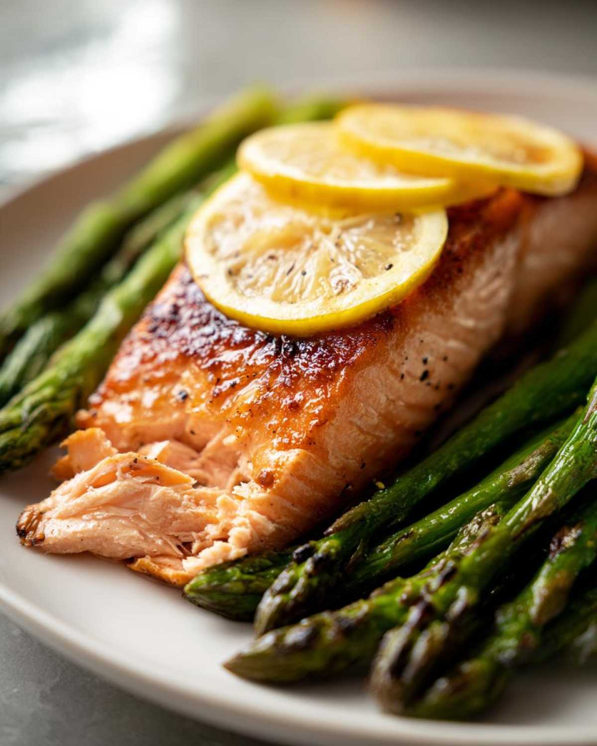 Flaky, perfectly cooked One-Pan Lemon Garlic Salmon served with roasted asparagus and topped with lemon slices.