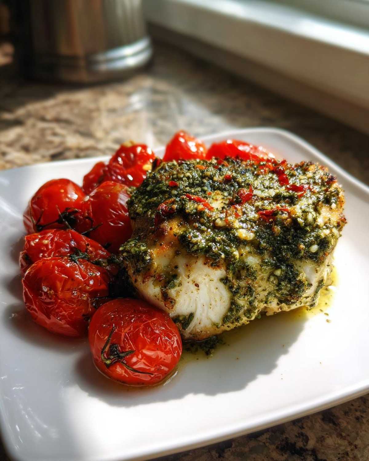 A piece of One-Pan Pesto Chicken with Tomatoes, topped with green pesto and served with roasted cherry tomatoes on a white plate.