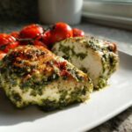 A close-up of sliced One-Pan Pesto Chicken with Tomatoes, topped with green pesto and served with roasted cherry tomatoes.