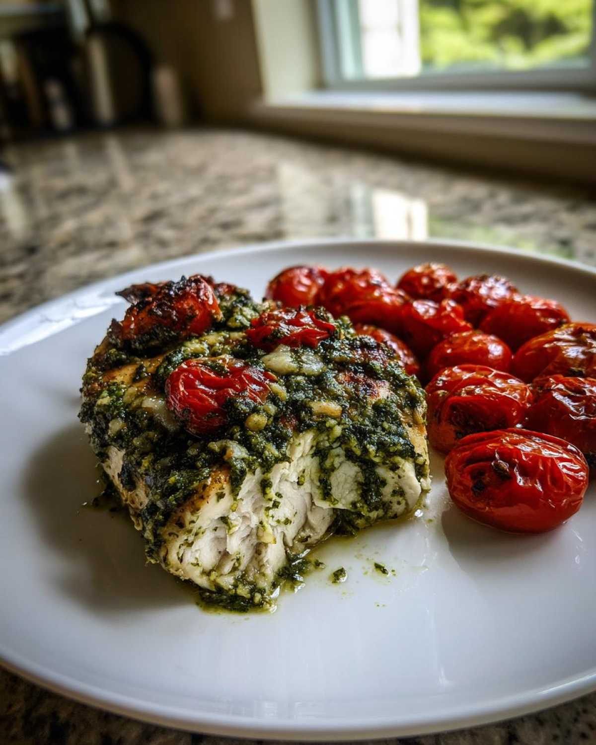 A close-up of cooked One-Pan Pesto Chicken with Tomatoes, showing the juicy interior and roasted tomatoes.