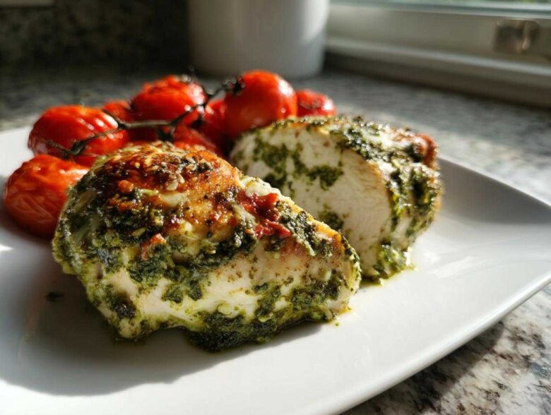 A close-up of sliced One-Pan Pesto Chicken with Tomatoes, topped with green pesto and served with roasted cherry tomatoes.