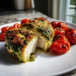 Cross-section of One-Pan Pesto Chicken with Tomatoes showing moist white meat and a crispy pesto crust.